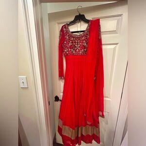 Red Net Anarkali with rhinestone work on velvet. Dupatta Anarkali set.